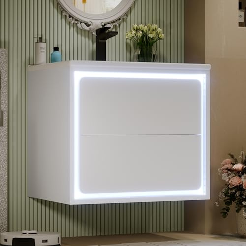 Idemon 60 x 46 x 50 cm, pensili da parete, mobili da bagno, verniciatura completa, illuminazione a LED, due cassetti, guide scorrevoli, lavabo, lavabo integrato, bianco