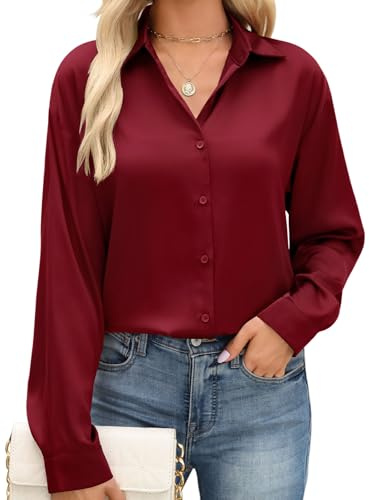 CMTOP Camicia Donna Camicetta Manica Lunga Raso Blusa Elegante Scollo a V Camicie Loose Bottoni Tunica Primavera Autunno Shirt Top Tinta Unita Basic Maglietta (Bordeaux, S)