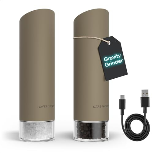 LARS NYSØM Moulin à Sel et Poivre Électrique Gravity - Moulins Automatiques Rechargeables USB-C, Mouture Réglable, Utilisation à Une Main pour la Cuisine (Taupe Brown)