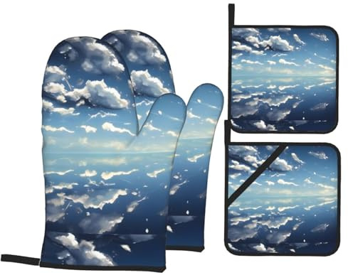 WHJSHOP Blauer Himmel und weiße Wolken bedrucktes Küchen-Backset, Ofenhandschuhe, verdickter und isolierter vierteiliger Anzug