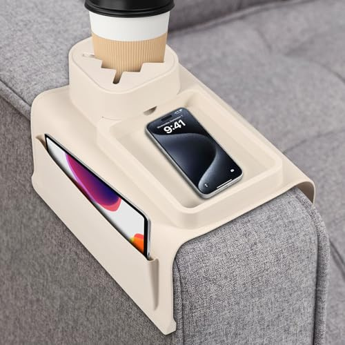 Couch-Getränkehalter,Silikon-Sofa-Armlehnenablage mit Seitentaschen,50 × 32 × 7 cm,Rutschfester Couch-Getränkehalter,Abnehmbarer Couch Tassenhalter Organizer für Fernbedienung,Snacks,Handy (Weiß)