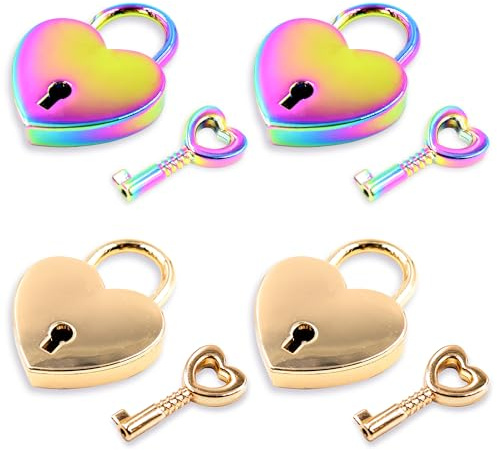 Lot de 4 mini cadenas en forme de cœur avec clés en métal avec clés pour agenda, livre, boîte de rangement, cadenas en forme de cœur pour pont, décoration de casier à bijoux (4 pièces)