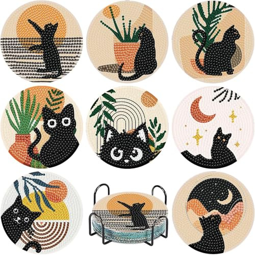 Jakener 8 Stück Schwarze Katze Diamond Painting Untersetzer Mit Halter, Diamant Tassenuntersetzer, Diamond Painting Erwachsene zum Basteln,Untersetzer rutschfest für Anfänger, Erwachsene & Kinder