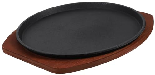 Milisten Sartén para Bistec de Hierro Fundido Redondo 25 Cm Base de Madera, Plato para Carne y Pescado Parrilla, Adecuado para Barbacoa y Cocina en Casa Profesional