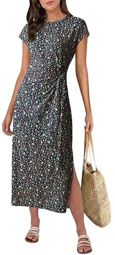 GRECERELLE Sommar midi-klänning för dam med band i midjan, casual, med korta ärmar, A-linje, flytande damklänningar UK, L