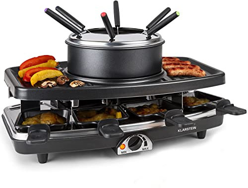 Klarstein Entrecote Raclette - Fondue, Parrilla, Barbacoa-Party, 1100W, regulador de calor continuo, 8 sartenes, Antiadherente, 6 tenedores Fondue, Grill bajo grasa, Negro