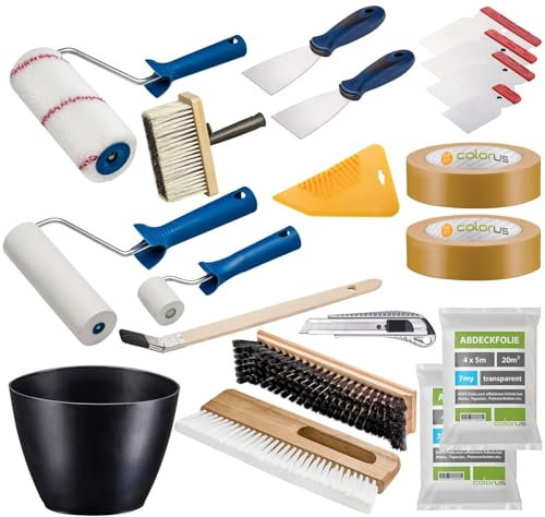 Colorus Profi Tapezier Set 17-teilig | Tapezierwerkzeug Set für Vliestapete Renovierungsset | Cuttermesser Andrückroller Tapezierbürste Deckenbürste Kleisterwalze | Malerwerkzeug Malerbedarf
