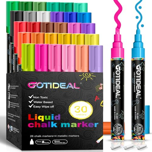 GOTIDEAL Chalk Markers, 30 Colors Liquid Chalk Markers for Blackboard | Chalkboard Markers for Paint and Drawing, Calendar, Glass, Car, Auto, Bistro, Mirror, Wet Erase Chisel Tip Window Marker