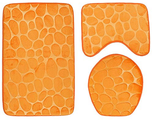 NANANA Badgarnitur 3 TLG Set WC Vorleger, Mode Badgarnitur Badematten, Stone Rock Geprägt Stil Design WC Vorleger für Toilet,orange