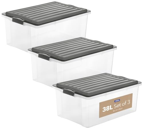 Rotho Compact 3er-Set Aufbewahrungsbox 38l mit Deckel, Kunststoff (PP) BPA-frei, anthrazit/transparent, 3 x A3/38l (57.5 x 40.0 x 25.0 cm) | Aufbewahrungsboxen im 3er-Set, je 38 L, Boxen aus Kunststoff (PP), A3-Format, Anthrazit/Transparent, für Aufbewahrung