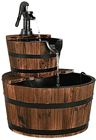 DREAMADE Holzbrunnen Gartenbrunnen mit Wasserpumpe, 2 Etagen Kaskandenbrunnen Ø44,5cm, Springbrunnen Fassbrunnen aus Tannenholz, Zierbrunnen Wasserspiel Dekobrunnen für Garten Balkon