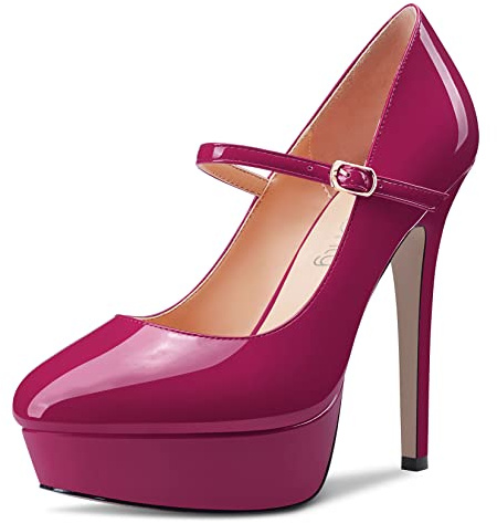 NobleOnly Femmes Aiguille Haut High Talon Heel Plate-Forme Rond Bout Escarpins Mary Jane Party Mariage Dress 13 CM Heels