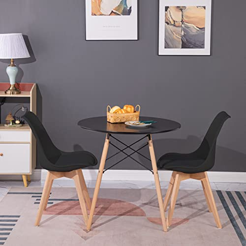 H.J WeDoo Tisch und Stühle Set, Essgruppe Schwarz Tisch mit 2 Schwarzer Stühlen für Esszimmer Küche Wohnzimmer | Essgruppen Runder Tisch 80 cm, Moderner Design, Massivholzbeine, für Balkon Küche Wohnzimmer Büro, Schwarzer Stühle