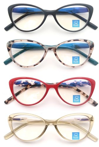 MODFANS Lot de 4 Lunettes de Lecture Femme Anti Lumiere Bleue Lunettes de Vue Lunettes Loupe Monture Cat Eye Branche a Ressort
