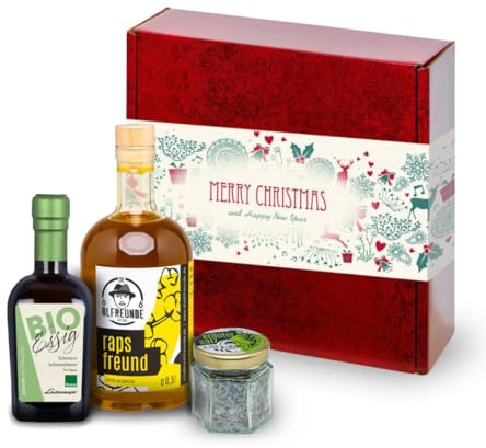 DIE ÖLFREUNDE Weihnachtsbox Süsser die Glocken | hochwertiges kaltgepresstes Öl | Bio Schwarze Johannisbeere Essig | Kräutersalz | Geschenkidee für Weihnachten
