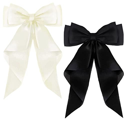 ZEVONDA Horquillas para el Pelo - Lazos Grandes para el Cabello con Satén largo y Sedoso Pinzas para el Cabello Accesorios para el Cabello para Mujeres Niñas, Negro + Blanco lechoso (2PCS)
