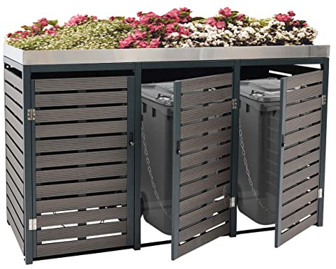 Mendler 3er Mülltonnenverkleidung HWC-K14 124x200x84cm - anthrazit | Mülltonnenbox, mit Pflanzkasten, WPC, Edelstahl, 107kg