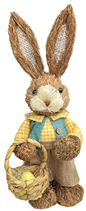 predolo 35 Cm Coniglietto Decorativo, Decorazioni Pasquali, Figure di Paglia, Figurina di Coniglio di Pasqua di Paglia, Scultura di Pasqua per La Casa da Tavolo in Fattoria, Ragazza di Vestiti Gialli
