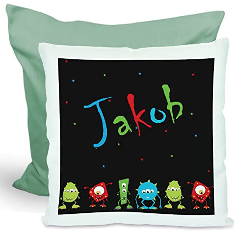 CreaDesign, Kinder Kissen 40x40 cm personalisiert mit Namen, Kinderzimmer Deko Kissen Kinder mit Füllung Federn, Motiv Monster Parade, Rückenfarbe Grün