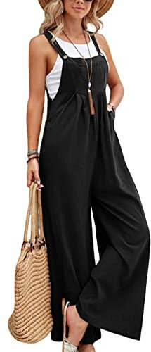 BIUBIULOVE Pantaloni Con Cinturino Casual In Tinta Unita, Salopette A Gamba Larga Per Donna, Tuta A Gamba Larga Con Pettorina Ampia Con Tasche, Tute In Lino Di Cotone A Vestibilità Ampia (Nero,S)
