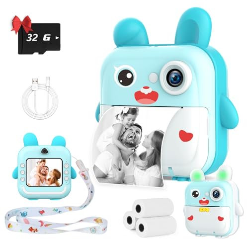 TOYOGO Appareil Photo instantané pour Enfants, Appareil Photo numérique 32G, écran 2,4 Pouces, 1080P & 12 MP HD Dual Lens, 5 Rouleaux Papiers, Cadeaux d'anniversaire et de Noël pour garçons et Filles