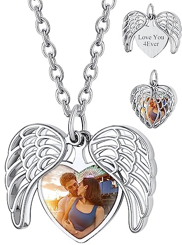 Custom4U Personalisierte Medaillon zum Öffnen für Bilder Damen Fotokette | Engelsflügel Medaillon Foto Kette mit Gravur Silber/Gold/Schwarz Locket Amulett mit 50cm kette Geschenk für Mutter Ehefrau