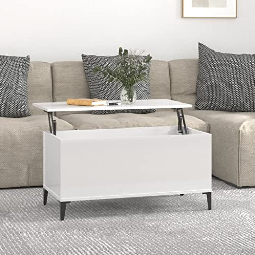 Annlera Table Basse Blanc Brillant 90x44,5x45 cm Bois d'ingénierie Table de Salon avec Plateau Relevable Bout de Canapé Pieds en Métal Table à Manger Grand Espace Facilite l'organisation des Choses