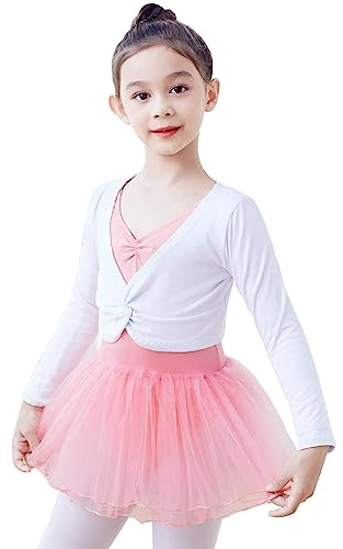 Kiench Mädchen Ballettjacke Langarm Gymnastik Tanztops Baumwolle Ballettkleidung Weiß EU Größe 134-140-146/7-9 Jahre Etikett XL