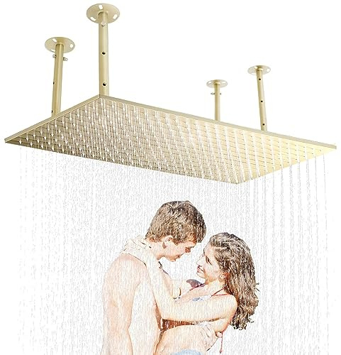 Delnet 40 * 81cm Luxury High Pressure Rain Shower Head, Ceiling Mount Rectangle Rainfall Showerhead with Silicone Nozzles Full Body Fixed Showerheads for Modern Bathroom, Brushed Gold Plated Finish