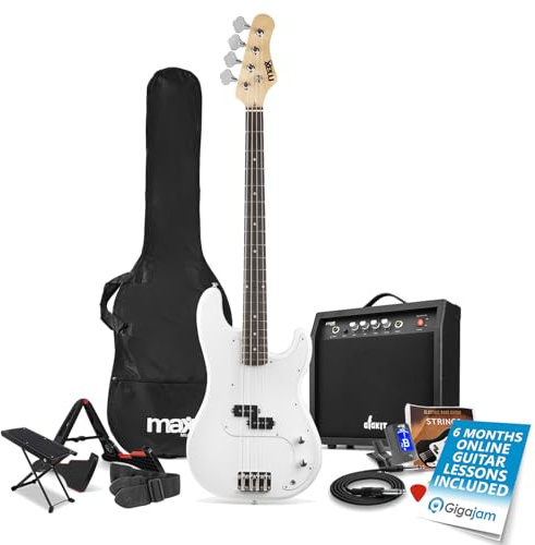 Max Gigkit Electric Beginner Bass Guitar Package - Complete Starter Bass Guitar Set with Amp, Accessories & 6 Months Online Lessons - Ideal for Learner Bass Guitarists in White
