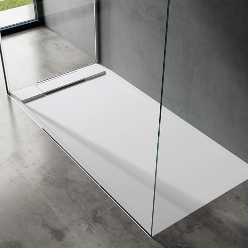 doporro Receveur de Douche Design Ultra Plat 4 cm Bac à Douche Carré en Solid Surface Blanc Mat Geoma04 90x90x4 cm avec Bonde