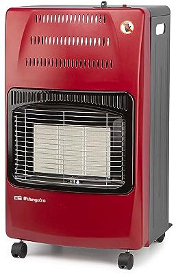 Estufa plegable. Color Rojo.Potencia máxima 4.200 W. Encendido mediante pulsador automático piezoeléctrico.