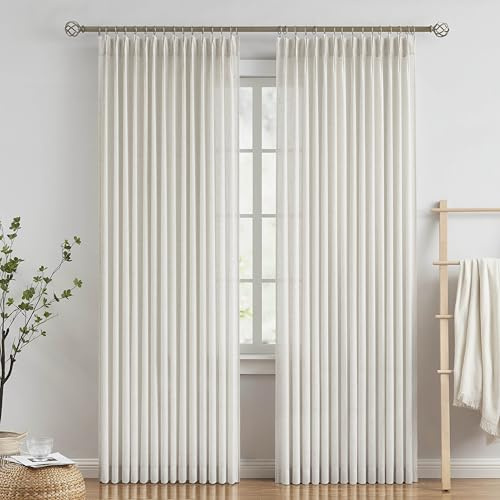 Vision Home Natural Pinch Pleated Semi Sheer Curtains Textured Linen Blended Light Filtering Window Curtains 90 inch for Living Room Bedroom Pinch Pleat Drapes with Hooks 2 Panels 42 Wx90 L | Farmhouse Light Filtering 90 Inch Window Panels for Living Room Bedroom, Modern Textured Pleat Drapes with Back Tab Hooks