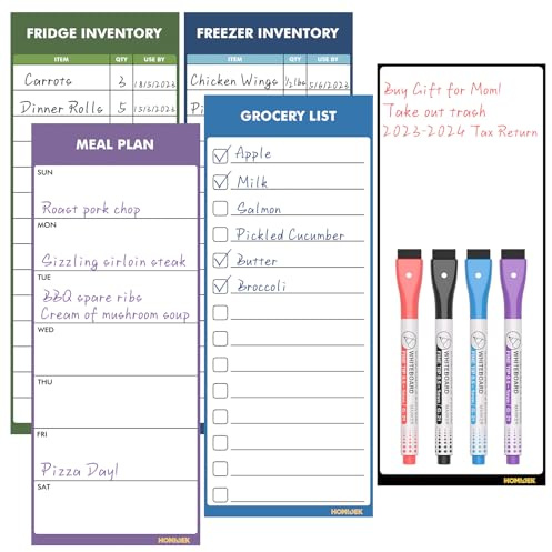 Magnetic White Board for Fridge - Dry Erase Meal Planner for Refrigerator - Weekly Menu Board, Grocery List, Memo Pad, Fridge and Freezer Inventory List - Kitchen Whiteboard with 4 Markers - 4 x 10