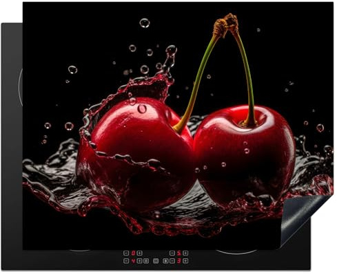 KitchenYeah© Protection Pour Plaque Induction Deco Cuisine Protégé Cache De | 65x52 cm - Cuisson Vitroceramique Cerises - Rouge - Fruit - Eau - Noir