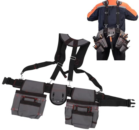 Tool Belt with Suspenders for Carpenters and Electricians Adjustable Heavy Duty Tool Bag Pouch with Reinforced Rivets Double Stitching Multiple Pockets Magnet Closure Gardening Construction Work