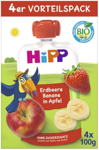 HiPP Bio Quetschie Erdbeere Banane in Apfel - Theo Tukan, 16 Stück (4er Pack mit je 4 x 100g), ab 1 Jahr, 100% Fruchtpüree, ohne Zuckerzusatz, in bester Bio-Qualität