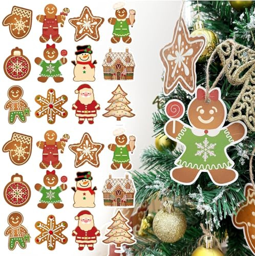 titioffice Geschenkanhänger Weihnachten 24 Stück, Merry Xmas Weihnachtsanhänger, Weihnachten Anhänger Weihnachtsdeko Etiketten für Geschenke Verpackung (Weihnachtsdeko Lebkuchenmann)