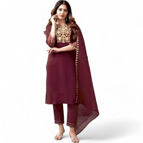RangMahal - Set di pantaloni kurta indiani fatti a mano, in puro cotone, ricamati, da donna, Marrone, Large