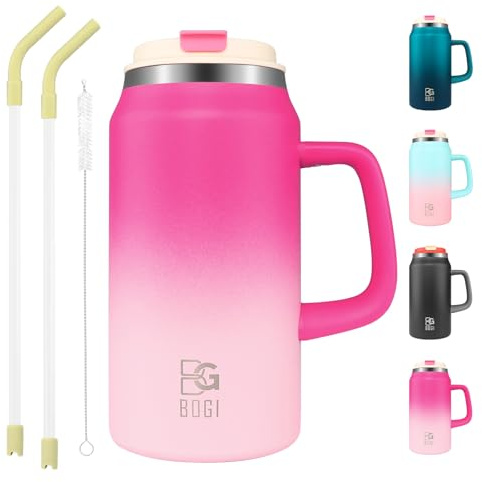 BOGI 50oz Tumbler with Straw and Lid,Large Capacity Travel Mug with Handle Insulated Stainless Steel Water Bottle Cup Keep Cold and Hot for Tea Coffee, Leak-Proof, BPA-Free, Non-Slip | HPink