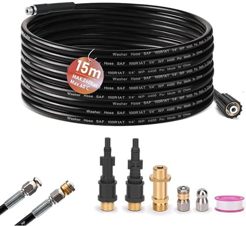 Juego de mangueras de limpieza de tuberías de 15 m, incluye 3 adaptadores, 2 boquillas rígidas + giratorias, compatible con Karcher K2, K3, K4, K5, K6, K7, Lavor, Bosch Pressure Washer Universal Pipe