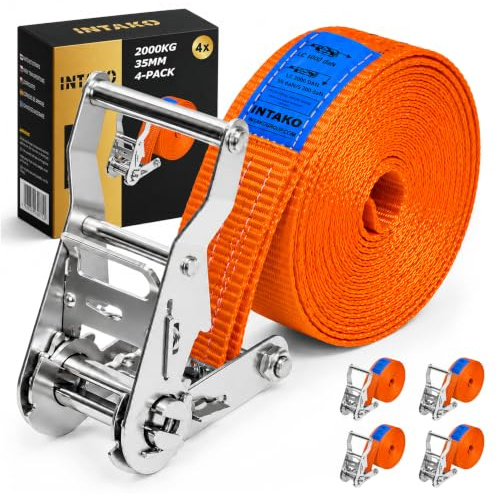 INTAKO Cinghie a Cricchetto 6 m 35 mm - Cinghie di Fissaggio 2000kg di forza - Cinghia a Crichetto Arancione (Arancione, 6m (4 Pezzi))
