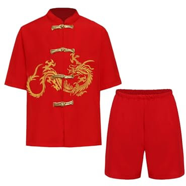 Alvivi Kinder Jungen Mädchen Kampfkunst Kleidung Kung Fu Tang Anzug Kurzarm T-Shirt Tops + Shorts/Hose Traditionelle Tai Chi Wushu Kleidung Rot E 158-164