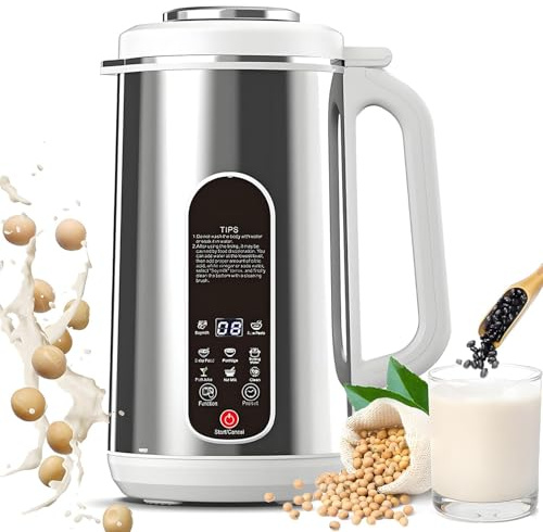 Soy Milk Machine, 1.2L Nut Milk Maker with 12-blade Cutter, LED Display, Stainless Steel Automatic Soy Milk Machine with Delay Start/Keep Warm/Boil Water, Silver