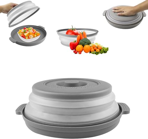 Tyafzzn Faltbare Mikrowellen Abdeckung, 26.8cm Spritzschutz für Mikrowelle mit Dampflöchern, Mikrowellen Abdeckung mit Tablett, Filterkorb mit Dampflöchern für Obst und Gemüse, ohne BPA