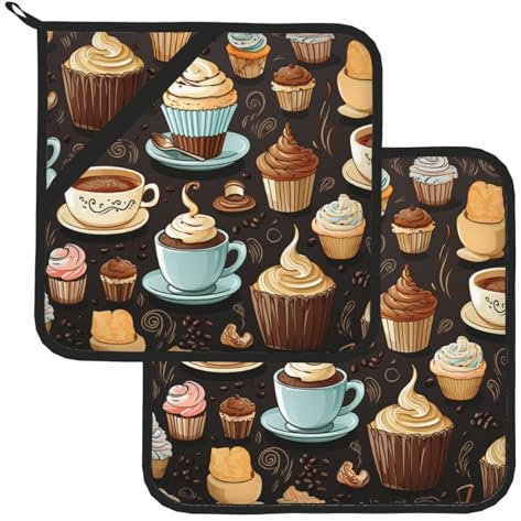 2Pcs Pot Holders with Pocket for Kitchen Heat Resistant Hot Pads for Countertops Oven Coffee and Sweets Sugar Chocolate Potholders Set for Cooking Baking Oven Hot Holders Trivet 8 inch