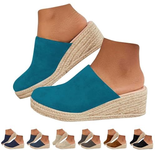 Sandales à bout fermé pour femme - Sandales compensées à talon haut - Sabots de marche dos nu - Mules antidérapantes et confortables - En paille - Fond épais - Pantoufles légères en daim - Coupe large