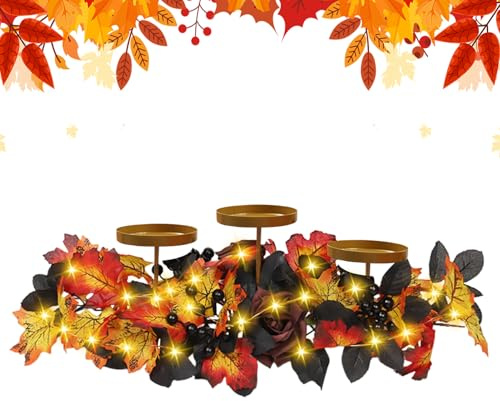 Herbstdeko Kerzenhalter mit LED Lichterkette, Herbstkranz Kerzenständer Metall, Adventskranz Herbst Kranz Teelichthalter mit Künstliche Ahornblattern und Blume Tischkranz für Tisch, Küche, Kamin (B)