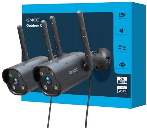 GNCC Kit 2 Telecamere GT1PRO, Telecamera Sorveglianza Esterno 2K Wi-Fi Fissa, Impermeabile IP65, Visione Notturna IR, Rilevamento Movimento, Audio Bidirezionale, 24/7, App per Smartphone, 2.4G