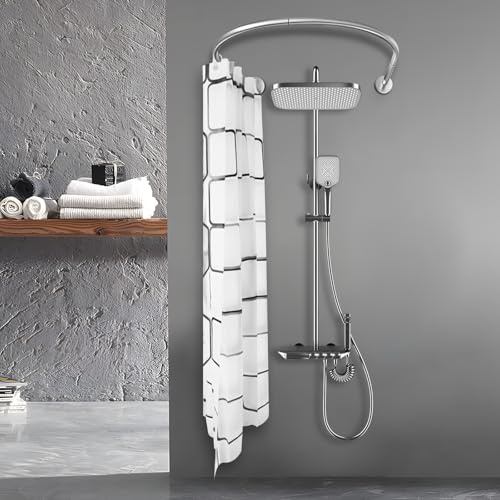 Repomanda Barra de cortina de ducha en forma de U, de acero inoxidable, ajustable, sin agujeros, montaje adhesivo, resistente, barra de ducha con cortina, 2,4 x 1,8 m, tejido de poliéster, resistente
